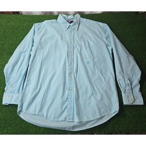 Tommy Hilfiger Shirt Mens XL Green Blue Striped Button Down Long Sleeve Pocket